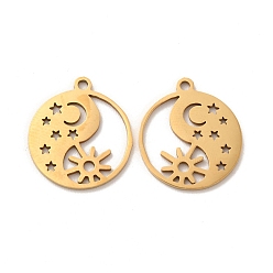 Golden 201 Stainless Steel Pendants, Flat Round with Moon/Star/Sun, Golden, 17.5x15.5x1mm, Hole: 1.2mm