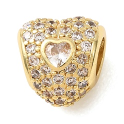 Golden Brass Micro Pave Clear Cubic Zirconia European Beads, Large Hole Beads, Heart, Golden, 10.5x10x8.5mm, Hole: 4x4.5mm