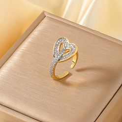 Золотой Латунные микро проложить манжеты кольца кубического циркония, сердце, золотые, 14x13 мм, внутренний диаметр: 17 мм