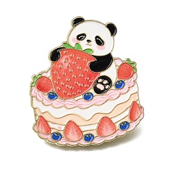 Pink Printed Alloy Enamel Pins, Alloy Lapel Pin Backs for Backpack Clothes, Panda with Strawberry & Blueberry Birthday Cake, Golden, Pink, 33x29mm
