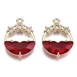 Red Faceted Transparent Glass Pendants, with Brass Crystal Rhinestone Findings, Flat Round with Star, Light Gold, Red, 21x15x5mm, Hole: 1.4mm