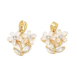 Clear Brass Micro Pave Cubic Zirconia Charms, with Resin, Flower with Branch Charms, Real 18K Gold Plated, Clear, 13.5x15x4mm, Hole: 4.5x2.5mm