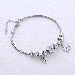 Нержавеющая Сталь Цвет Из нержавеющей стали европейские браслеты, браслеты с подвесками для женщин, цветок и листья, цвет нержавеющей стали