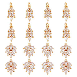 Настоящее золото 18K 16 шт 2 стили латунные подвески из микропаве с фианитом, лист, реальный 18 k позолоченный, 15.5~16x8~11.5x3~4 мм, отверстие : 1.2~4 мм, 8 шт / стиль