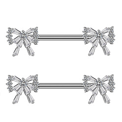 Нержавеющая Сталь Цвет Латунные микропаве прозрачные кубические цирконии бантовые соски штанги, 316 хирургические штифты из нержавеющей стали, цвет нержавеющей стали, 14 мм, штифты : 1.6 мм