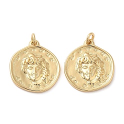 Настоящее золото 18K Стойки обшивки латунные подвески, с целью перехода в кольце, долговечный, без кадмия и без свинца, плоский круглый с человеческим обаянием, реальный 18 k позолоченный, 21.5x19.5x2.5 мм, отверстие : 3 мм