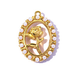 Белый 304 подвески из нержавеющей стали, Овальное украшение из искусственного жемчуга с подвесками в виде цветов., ионное покрытие (ip), зеркальная полировка, реальный 18 k позолоченный, белые, 22x16 мм, отверстие : 0.8 мм