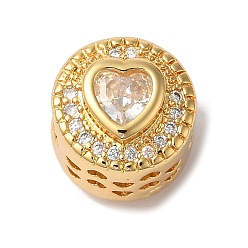 Прозрачный Плоская круглая с рисунком в виде сердца стойка покрытие латунь микропаве кубический цирконий европейские бусины, бусины с большим отверстием, без кадмия и без свинца, долговечный, реальный 18 k позолоченный, прозрачные, 12x11.5 мм, отверстие : 4.5 мм