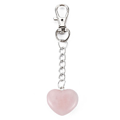 Rose Quartz Natural Rose Quartz Keychain, with Brass Lobster Claw Clasps and Iron Chains, Heart, Platinum, 80~86mm