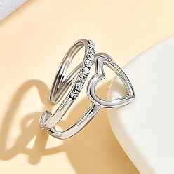 Stainless Steel Color 304 Stainless Steel Rhinestone Cuff Open Rings, Heart, Stainless Steel Color, 17mm