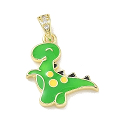 Lime Brass Micro Pave Clear Cubic Zirconia Pendants, with Enamel, Dinosaur Charms, Rack Plating, Long-Lasting Plated, Cadmium Free & Lead Free, Real 18K Gold Plated, Lime, 21x19.5x3mm, Hole: 2.5x5mm
