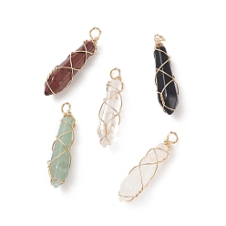Real 18K Gold Plated Natural & Synthetic Mixed Stone Pointed Pendants, Bullet Charm, with Copper Wire Wrapped, 39x9x9mm, Hole: 3mm