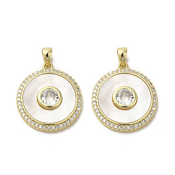 Плоский Круглый Латунные микропаве прозрачные подвески с фианитом, с оболочкой, настоящее 18k позолоченное, плоско-круглые, без кадмия и без свинца, 20x18x3 мм, отверстие : 2.5x4 мм