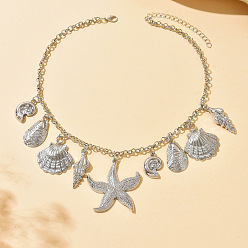Платина Богемный летний пляжный стиль, подвеска в форме морской звезды из цинкового сплава, колье-нагрудник для женщин., платина, 18.50 дюйм (47 см)