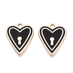 Black Alloy Enamel Pendants, Rack Plating, Heart Lock Charms, Golden, Black, 17.5x13.5x1.5mm, Hole: 1.5mm