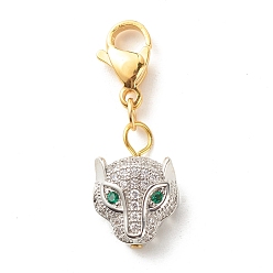 Platinum Brass Micro Pave Cubic Zirconia Pendants, with Lobster Claw Clasps, Leopard Head, Platinum, 26mm