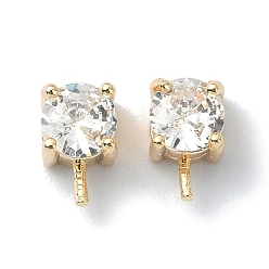 Настоящее золото 18K Медные залоги, прямоугольник с прозрачным стеклом, за половину пробурено бисера, без кадмия, без никеля и без свинца, реальный 18 k позолоченный, 8x5x5.5 мм, отверстие : 2x1.5 мм, штифты : 1 мм