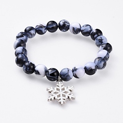 Black Stretch Charm Bracelets, with Acrylic Beads and Alloy Enamel Pendant, for Christmas, Snowflake, Platinum, Black, 1-7/8 inch~2 inch(4.8~5.2cm)