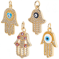 (52) Непрозрачная лаванда 8 шт 4 стили латунные подвески из микропаве с фианитом, с эмалью, реальный 18 k позолоченный, с целью перехода в кольце, Хамса руку с дурным глазом, разноцветные, 18~25x12~16.5x3 мм, отверстие : 3~3.5 мм, 2 шт / стиль