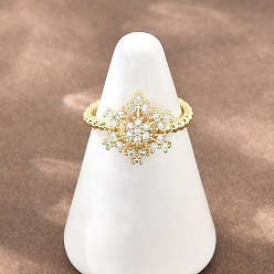 Real 18K Gold Plated Brass Micro Pave Cubic Zirconia Cuff Open Rings, Snowflake, Lead Free & Cadmium Free, Long-Lasting Plated, Rack Plating, Real 18K Gold Plated, 17mm