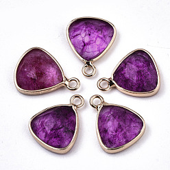 Medium Violet Red Glass Charms, with Light Gold Tone Brass Findings, Triangle, Faceted, Medium Violet Red, 14x11x4mm, Hole: 1.5mm