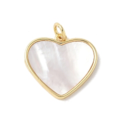 Сердце Подвески из латуни с натуральными белыми ракушками, реальный 18 k позолоченный, с прыжковых колец, долговечный, без свинца и без кадмия, стойки покрытие, сердце, 17x18x2 мм, отверстие : 3 мм
