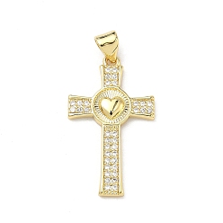 Сердце Латунные микропаве прозрачные подвески с фианитом, крест прелести, реальный 16 k позолоченный, сердце, 27.5x15.5x2.5 мм, отверстие : 4.5x3.5 мм