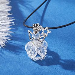 Прозрачный Подвеска в виде звезды-ангела из бисера, ожерелье из черного вощеного хлопкового шнура., античное серебро, прозрачные, 18.11 дюйм (46 см)