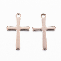 Rose Gold Ion Plating(IP) 304 Stainless Steel Charms, Cross Pendants, Rose Gold, 15.5x9.5x0.8mm, Hole: 1mm