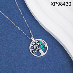 Tree of Life 304 Подвеска-колье из нержавеющей стали с зелеными кубическими циркониями, выполненная в технике ажурной инкрустации, для женщин., цвет нержавеющей стали, древо жизни, 17.72 дюйм (45 см), Кулон : 22 мм