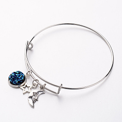 Mixed Color Adjustable Iron Bangles, Charm Bangles, with Brass Resin Charm and Tibetan Style Findings, Star with Moon, Mixed Color, 63mm