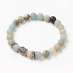 Amazonite Natürliche amazonite Ausdehnungs-Armbänder, Perlen Stretch-Armbänder, mit Tibetischen Stil Perlen, Buddha-Kopf, Antik Silber Farbe, 2-1/4 Zoll (56 mm)