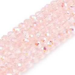Pink Стеклянные бусины с гальваническим покрытием , с половиным покрытием цвета радуги, граненые, рондель, розовые, 3.5~3.8x3 мм, отверстие : 0.4 мм, около 105~110 шт / нитка, 29~31 см