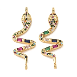 Real 18K Gold Plated Brass Pave Colorful Cubic Zirconia Connector Charms, Snake Links, Rack Plating, Long-Lasting Plated, Cadmium Free & Lead Free, Real 18K Gold Plated, 35.5x13x3.5mm, Hole: 1.2mm