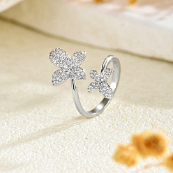 Platinum Brass Micro Pave Cubic Zirconia Cuff Open Rings for Women, Butterfly, Platinum, 16~18mm