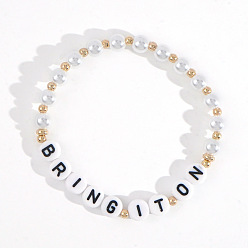 Белый Минималистичные абс имитация жемчуга круглые бусины эластичные браслеты для женщин, слово, дай ему это сделать, с акрилом и латунью, белые, внутренний диаметр: 6-7/8 дюйм (17.5 см)