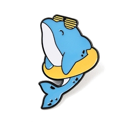 Dolphin Эмалированные значки с морскими животными, Черные металлические застежки для значков на лацкан для рюкзака или одежды, дельфин в очках для плавания и надувном круге, 33x24 мм