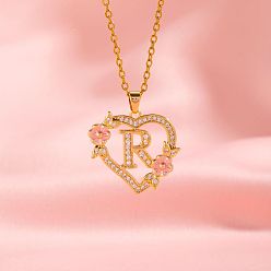 Letter R Латунные кристаллы горный хрусталь полые розы сердце с подвеской в виде буквы для женщин, с розовым эмали, золотые, Буква R, 19.69 дюйм (50 см)