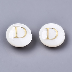 Letter D Natural Freshwater Shell Beads, with Golden Plated Brass Etched Metal Embellishments, Flat Round, Seashell Color, Letter.D, 8x3~5mm, Hole: 0.5~07mm