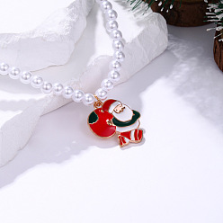 Santa Claus Рождественские ожерелья с подвесками из эмалевого сплава, белые круглые бусины из искусственного жемчуга, золотые, белые, красный и зеленый, Дед Мороз, 15.75 дюйм (40 см), Кулон : 22 мм