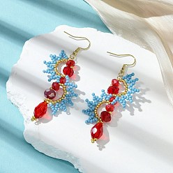 Светло-Голубой Стеклянные бусины ручной работы и стеклянные подвесные серьги, с 304 серьгами из нержавеющей стали, цветок, золотые, Небесно-голубой, 72x31 мм