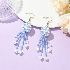 Blue Glass Seed with Glass Pearl Tassel Dangle Earrings, Jellyfish, with 304 Stainless Steel Earring Hooks, Golden, Blue, 77x16.5mm