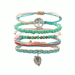 Аквамарин 5шт. браслеты из плетеных бусин из сплава листьев, смолы и воскового шнура, а также набор из стеклянных бусин, античное серебро, аквамарин, 11 дюйм (28 см)