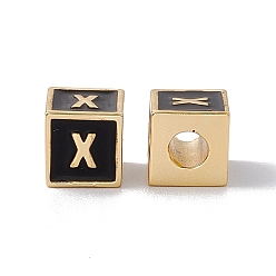 Letter X Стойки покрытие латунь эмаль бисер, без кадмия, без никеля и без свинца, реальный 18 k позолоченный, куб с письмом, чёрные, letter.x, 6x6x6 мм, отверстие : 2.5 мм