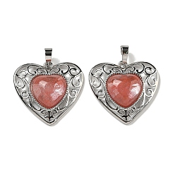 Cherry Quartz Glass Cherry Quartz Glass Peach Love Heart Pendants, Rack Plating Brass Hollow Heart Charms, Cadmium Free & Lead Free, 29.5x30.5x7.5mm, Hole: 7.5x5mm