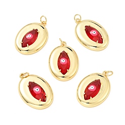 Красный Стойки обшивки латунь кубического циркония подвески, с эмалью, долговечный, без свинца, без кадмия и без никеля, реальный 18 k позолоченный, овал с сглаза, красные, 26x18x5 мм, отверстие : 3 мм, Перейти кольцо: 5x1 мм, 3 мм внутренним диаметром