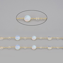 Opalite Handmade Opalite Beaded Chains, with Rondelle Glass Beads and Brass Cable Chains, Long-Lasting Plated, Unwelded, with Spool, Nuggets, Golden, Link: 2.5x1x0.3mm, Gemstone Beads: 6~12x6~6.5x4~4.5mm, Glass Beads: 4x3mm, about 32.8 Feet(10m)/roll