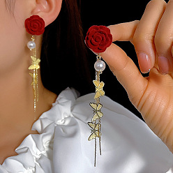 Золотой Серьги-гвоздики из сплава с эффектом флокирования в виде розы и бабочки, с пластиковой имитационной жемчужиной, золотые, золотые, 100x18 мм