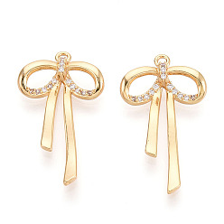 Настоящее золото 18K Латунные микропаве прозрачные подвески с фианитом, бантом, без никеля , реальный 18 k позолоченный, 27.1x15.7x3.8 мм, отверстие : 1.4 мм