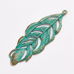 Antique Bronze & Green Patina Tibetan Style Alloy Pendants, Leaf, Antique Bronze & Green Patina, 71x25x2mm, Hole: 2mm